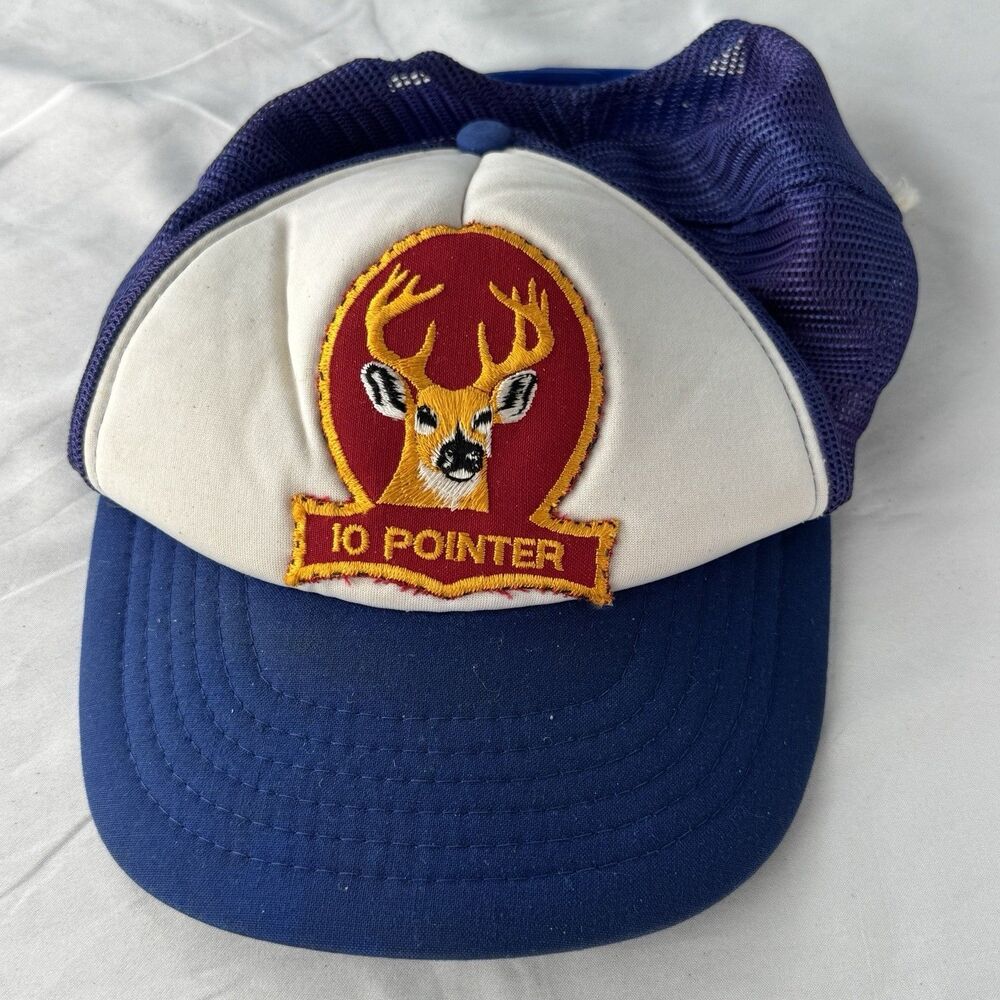 Vintage Strap Back Hat “10 Pointer” Buck Deer Head Foam & Mesh Blue & White Cap